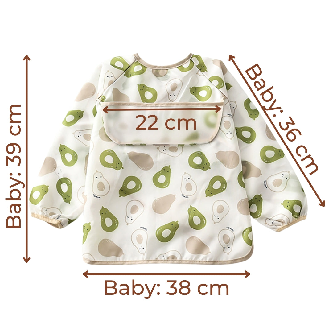 Avocado-patterned baby smock bib with sleeves and pocket - toddler apron smock for feeding