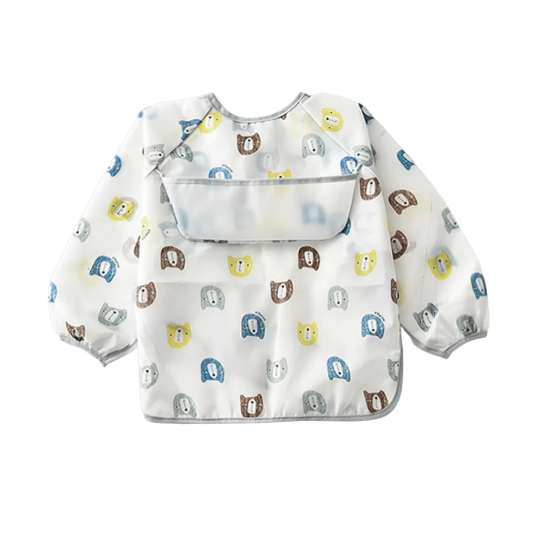 Long-sleeved baby bib with bear pattern, toddler apron smock, ideal apron smock bib