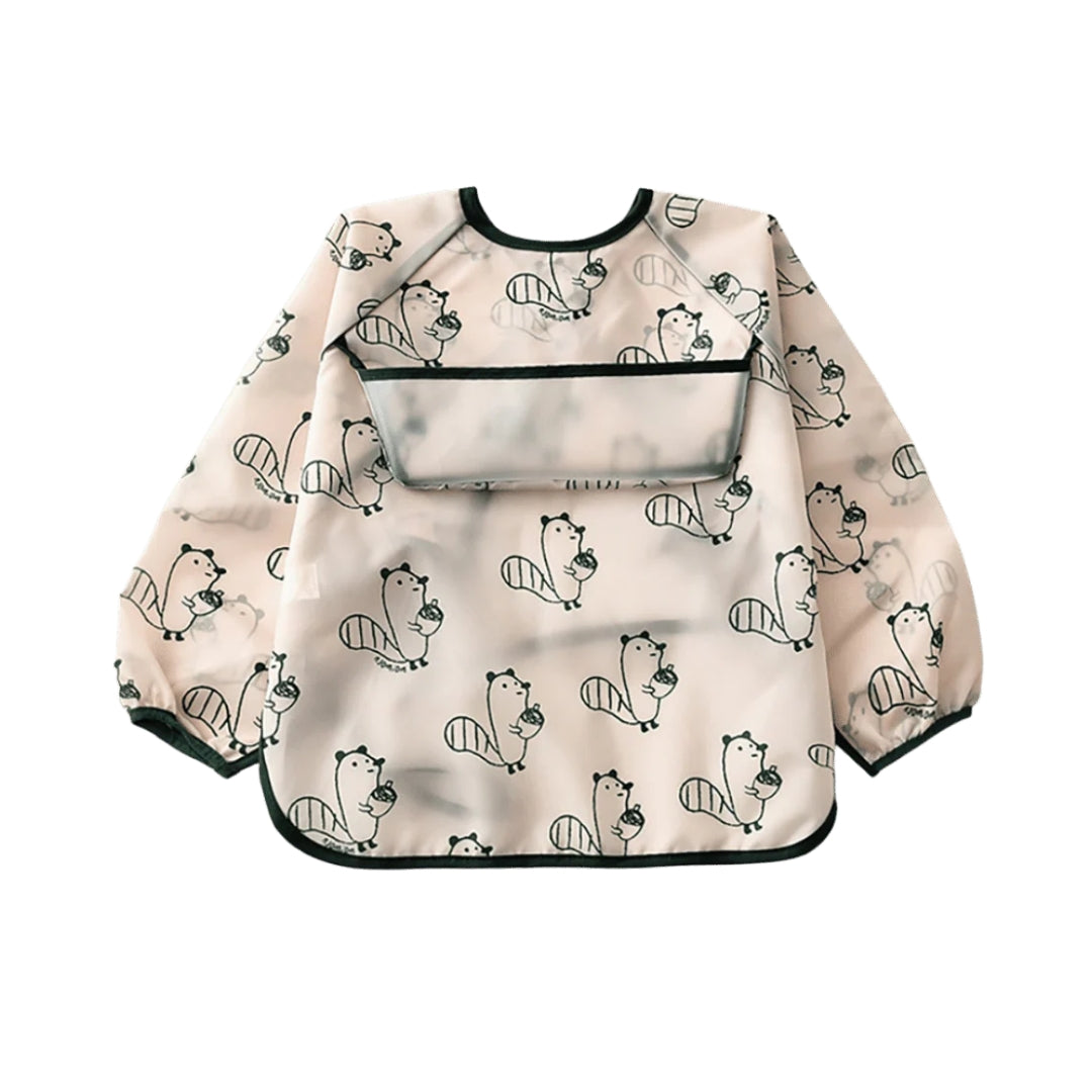 Long-sleeved baby bib with squirrel pattern, toddler apron smock, and apron smock bib