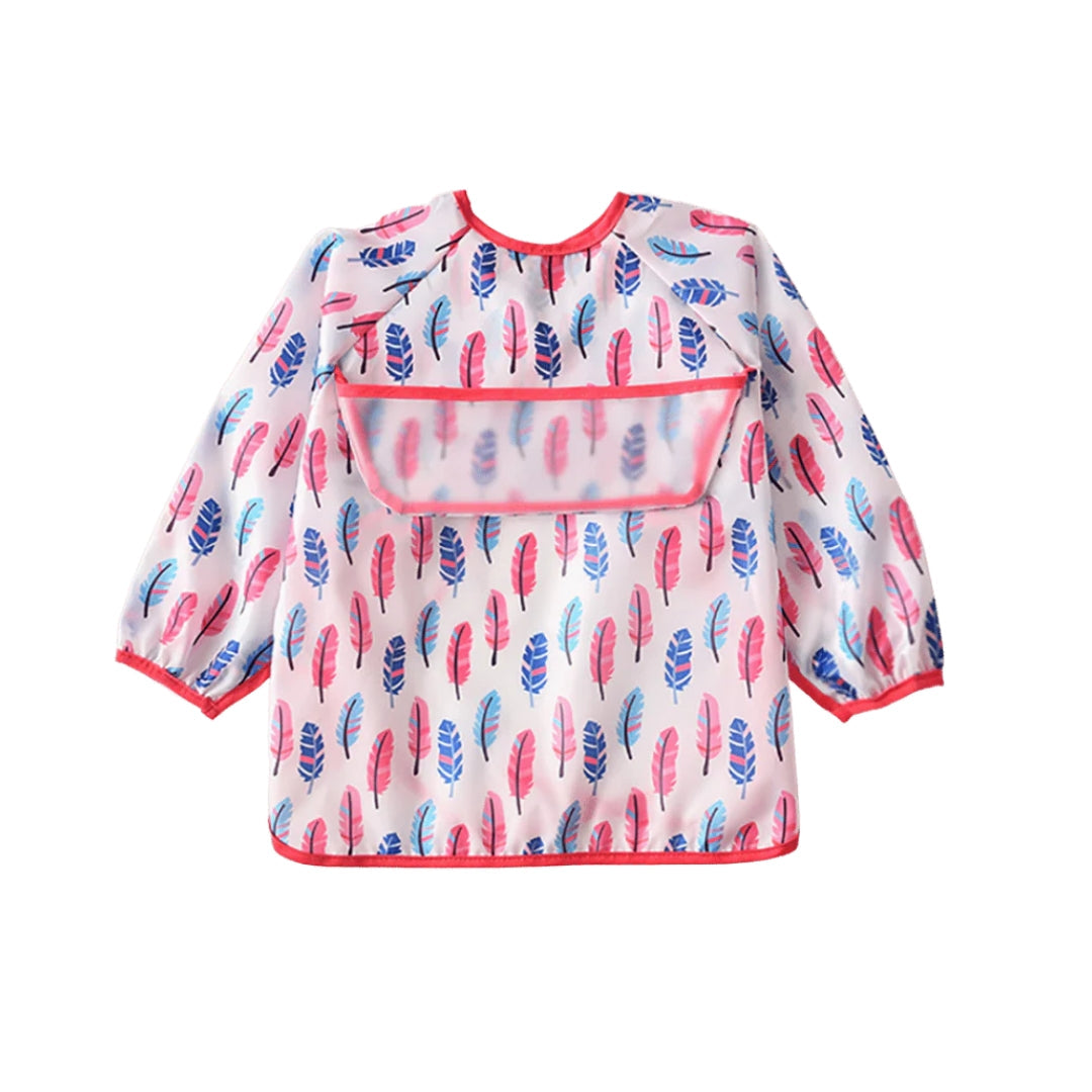 Feather-patterned toddler apron smock with sleeves and catch pocket for kids