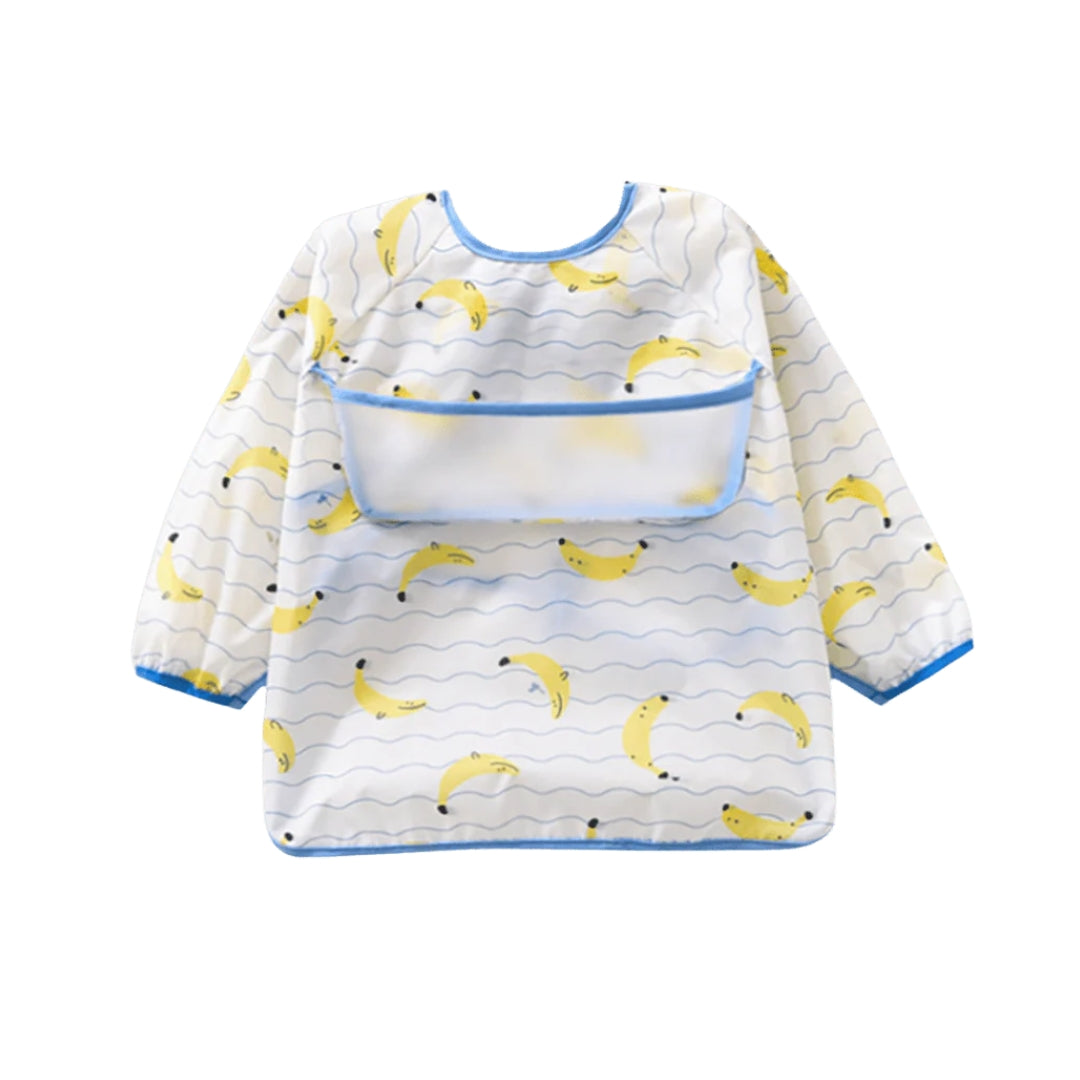 Banana-patterned baby smock bib with sleeves and pocket, perfect toddler apron smock