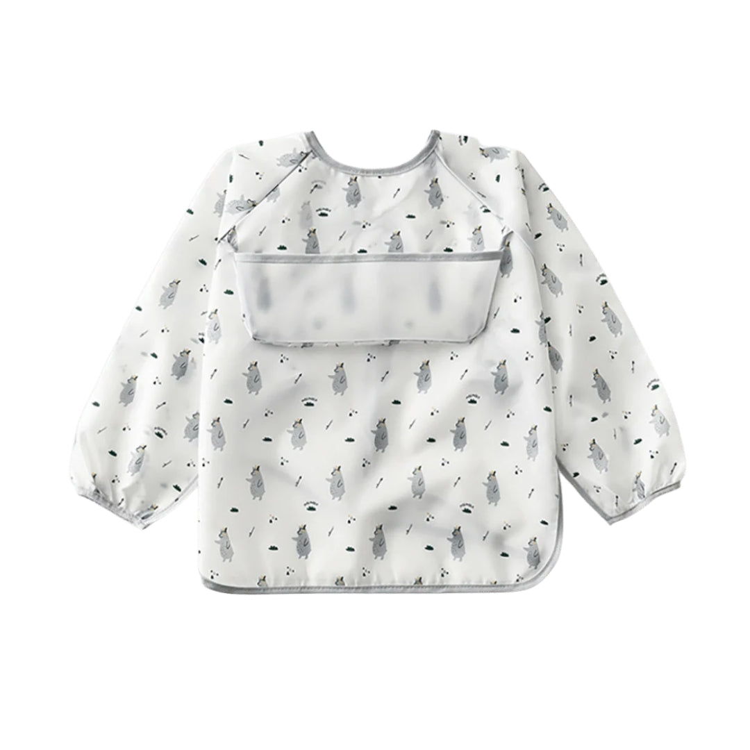 Long-sleeved baby bib with animal print, toddler apron smock, and apron bib design