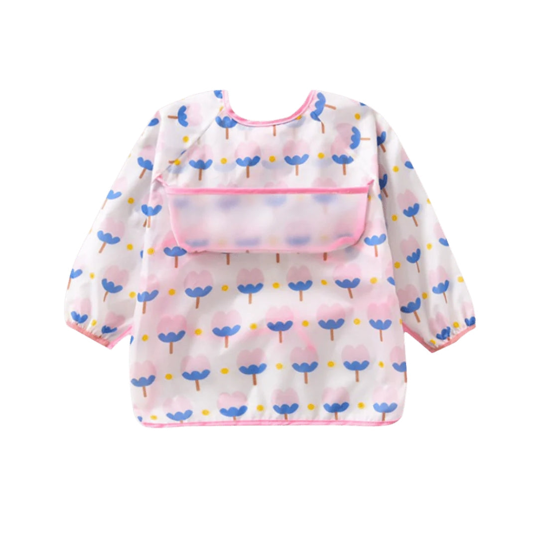 Long-sleeved baby bib with a pocket and colorful pattern, ideal toddler apron smock bib