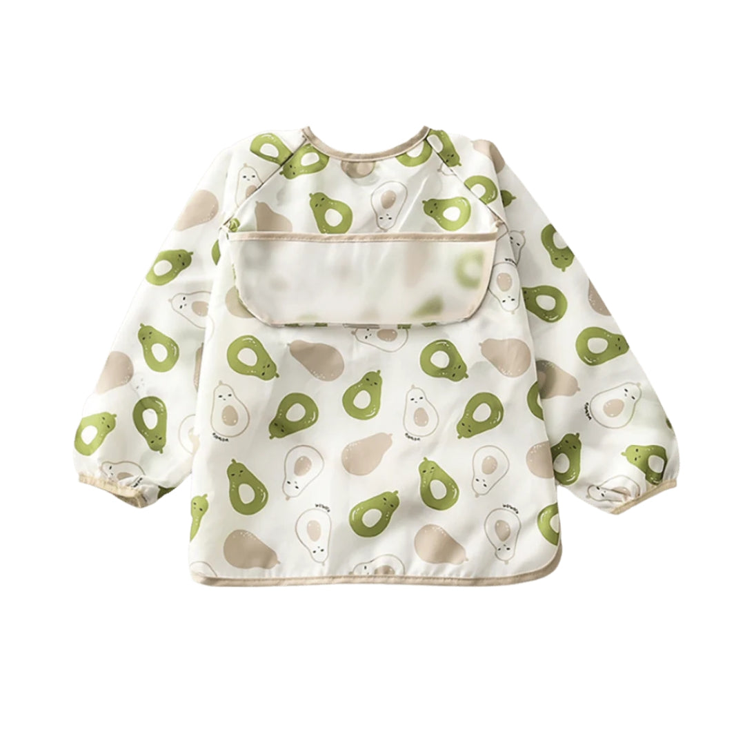 Avocado-patterned baby smock bib with sleeves, perfect toddler apron smock for feeding