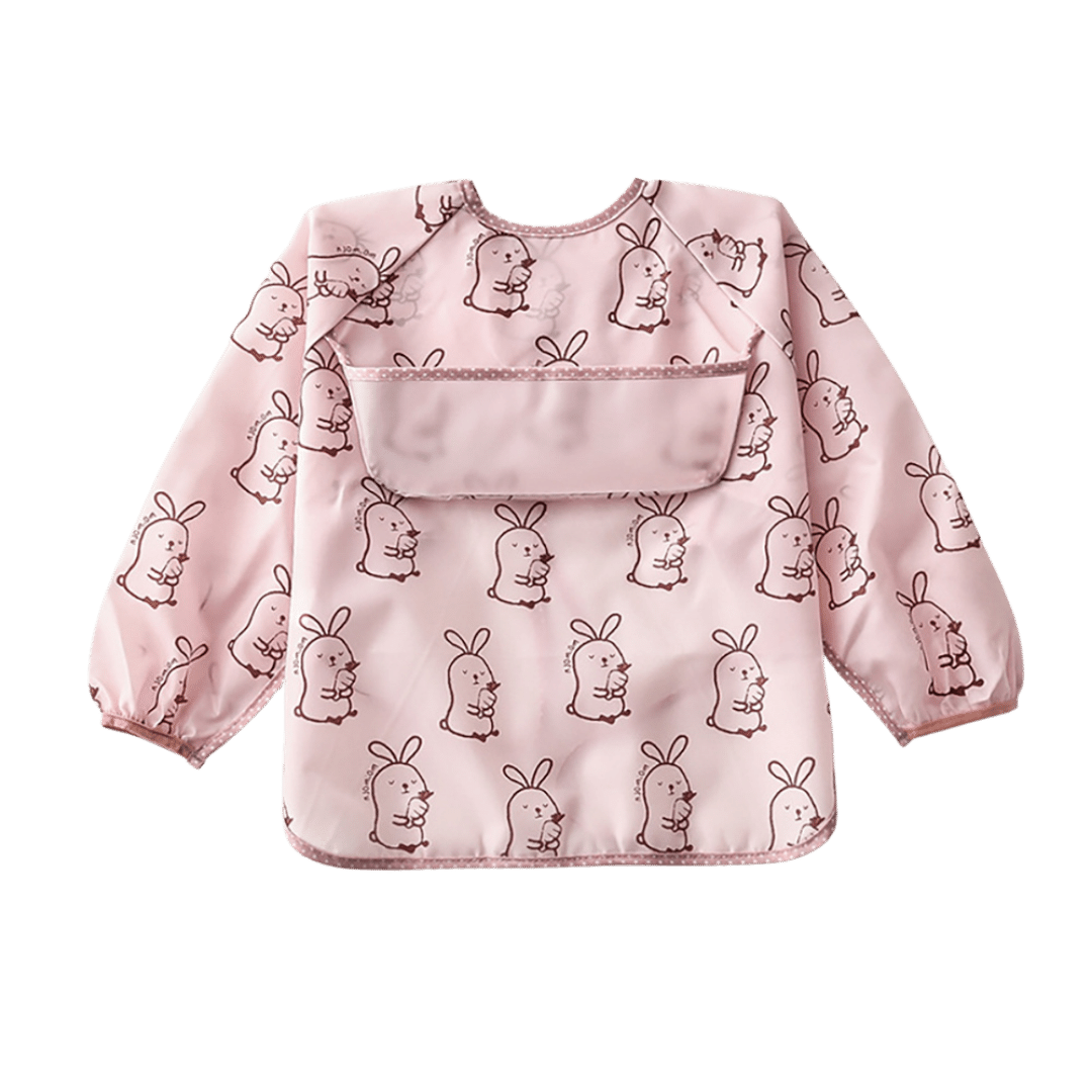 Baby & Toddler Apron Smock Bib With Long Sleeves & Colour Patterns - Pink Rabbits / Baby - Smock Bibs