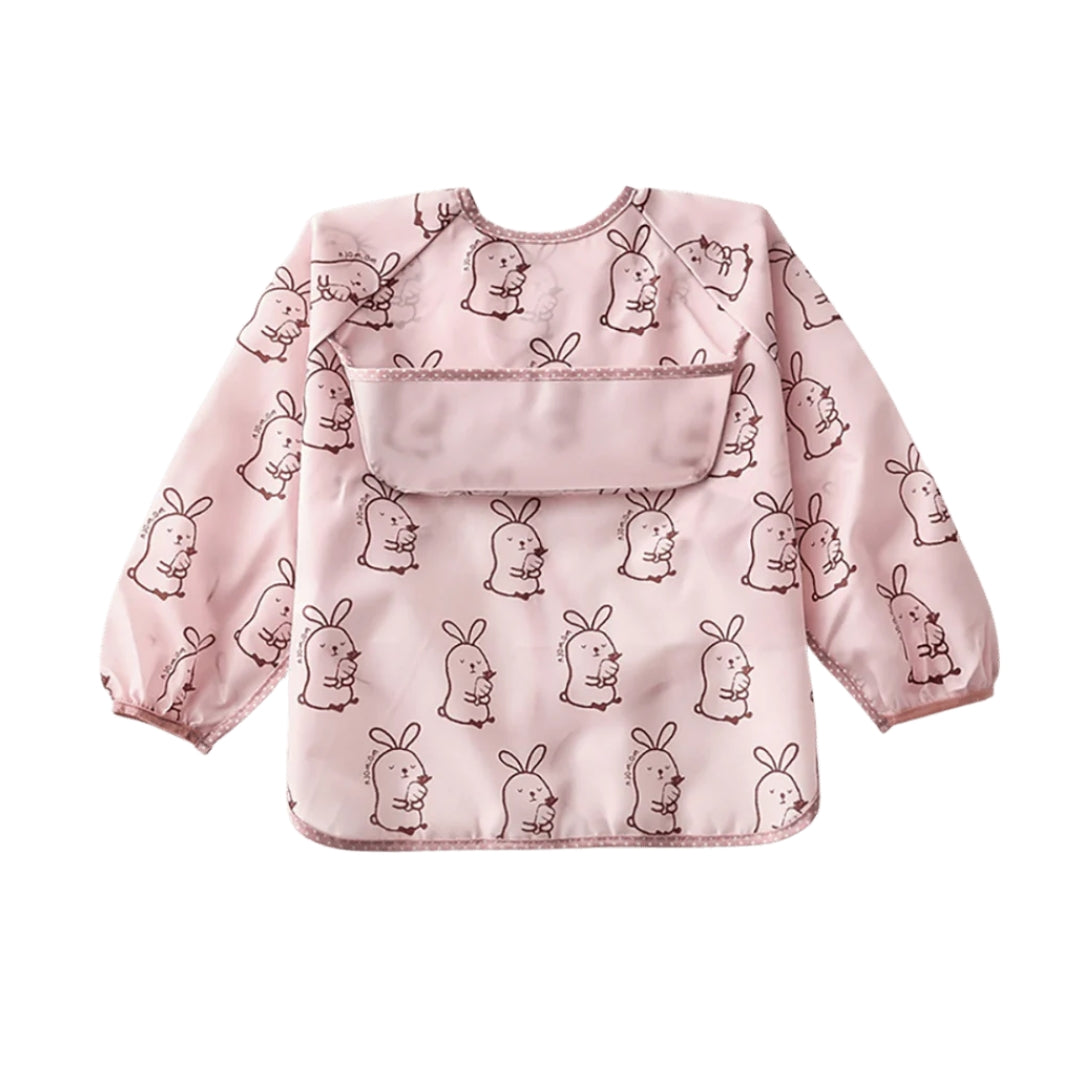 Pink long-sleeved baby bib with bunny pattern, ideal toddler apron smock for messy eaters
