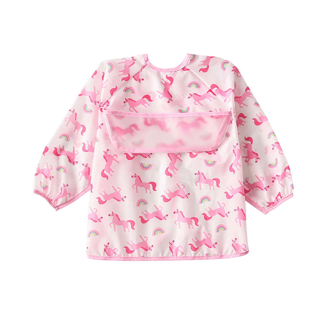Baby & Toddler Apron Smock Bib With Long Sleeves & Colour Patterns - Pink Unicorns / Baby - Smock Bibs