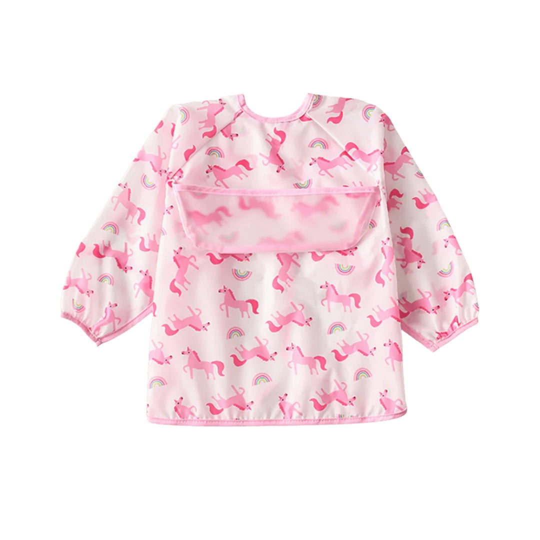 Pink unicorn-patterned sleeved smock bib for babies and toddlers toddler apron smock