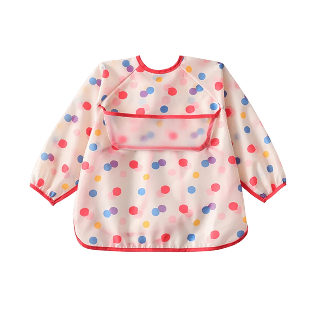 Polka-dotted long-sleeved baby toddler apron smock bib with catch pocket