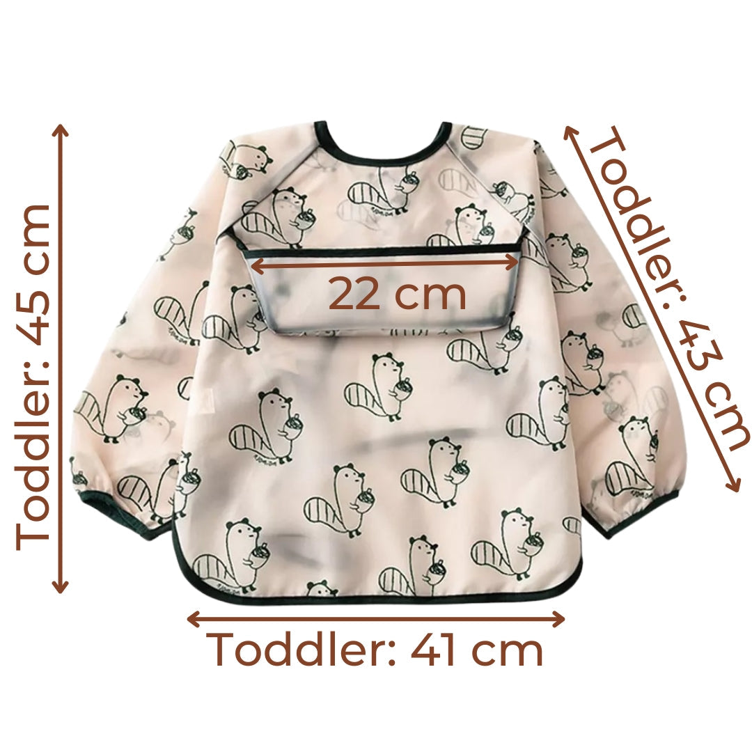 Toddler apron smock with squirrel pattern and pocket, ideal smock bib for babies