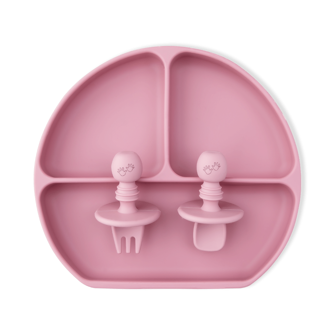 Mealtime Feeding Set 3 Piece Baby Plate & Cutlery Silicone Bundle Pack - Rose - Silicone Bundles