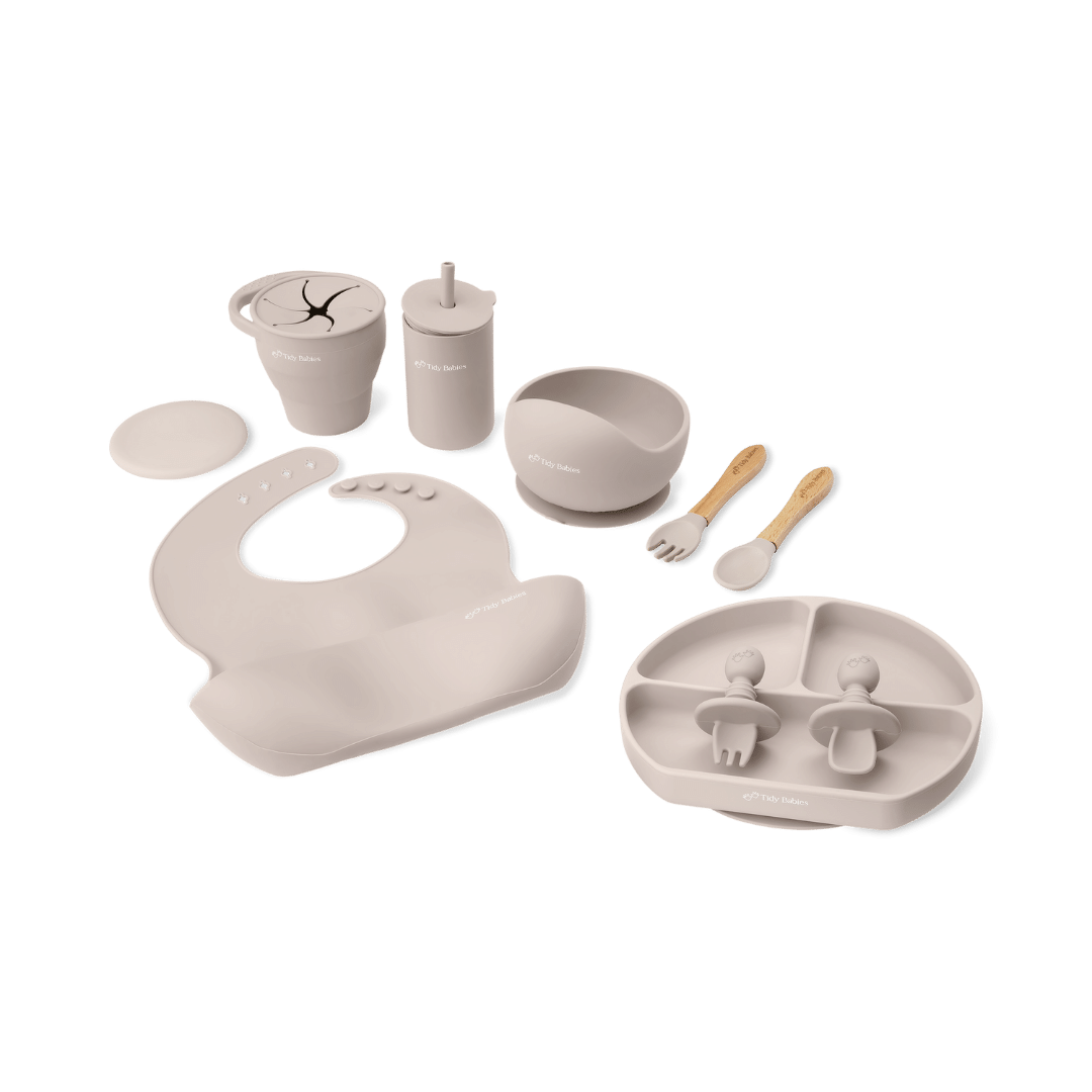Mealtime Feeding Set - 9 Piece Ultimate Baby Silicone Bundle Solution - Taupe - Silicone Bundles