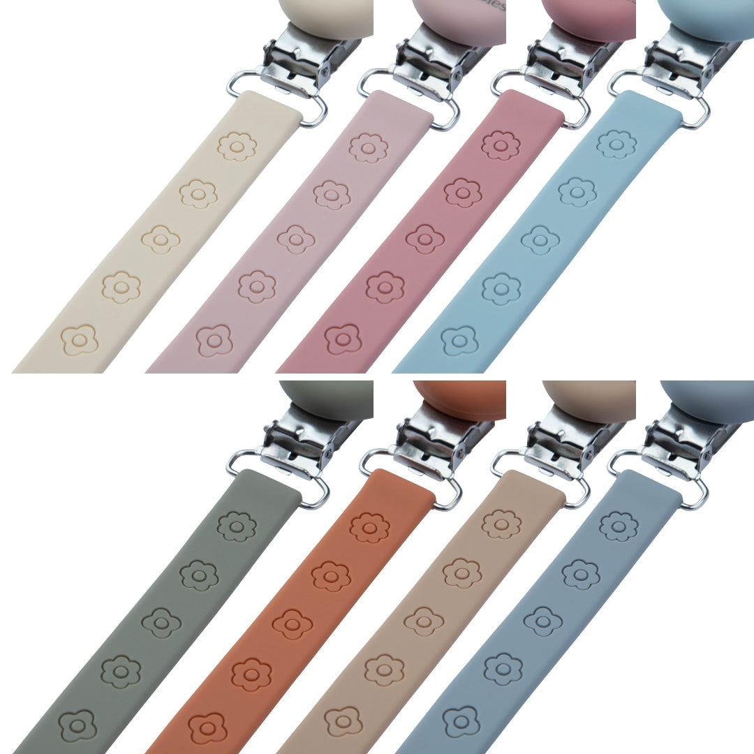 Silicone Baby Dummy Flat Rope Clip with Flower Design Pacifier Clips & Holders Collection Silicone Pacifier Clips Pastel