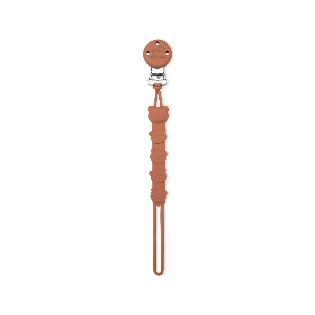 Silicone Baby Dummy Textured Rope Clip with Bear Faces Sienna Orange Pacifier Clips & Holders Terra Cotta Colored Silicone Pacifier Clip