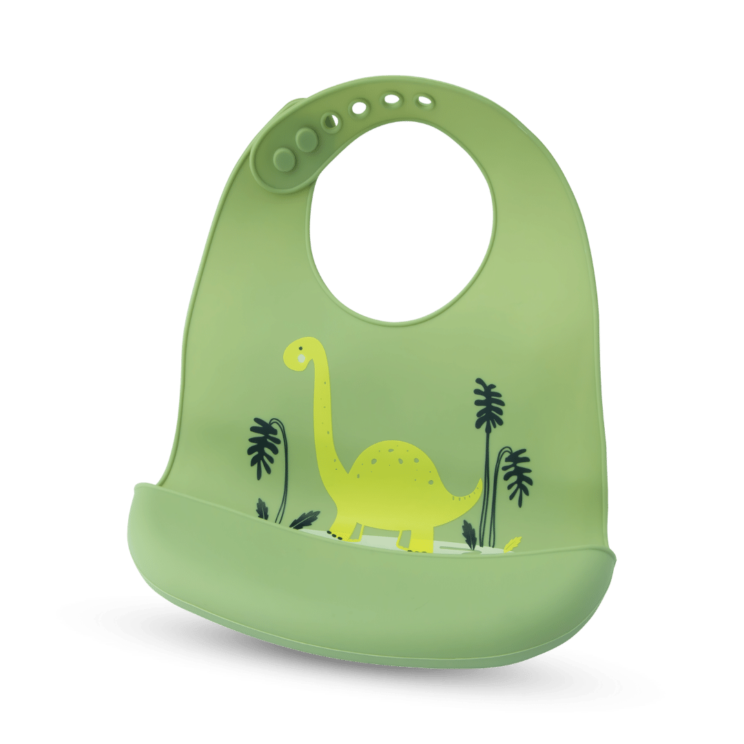 Silicone Baby Mealtime Feeding Bib With Cartoon Print Food Grade Safe - Green Dinosaur - Silicone Bibs