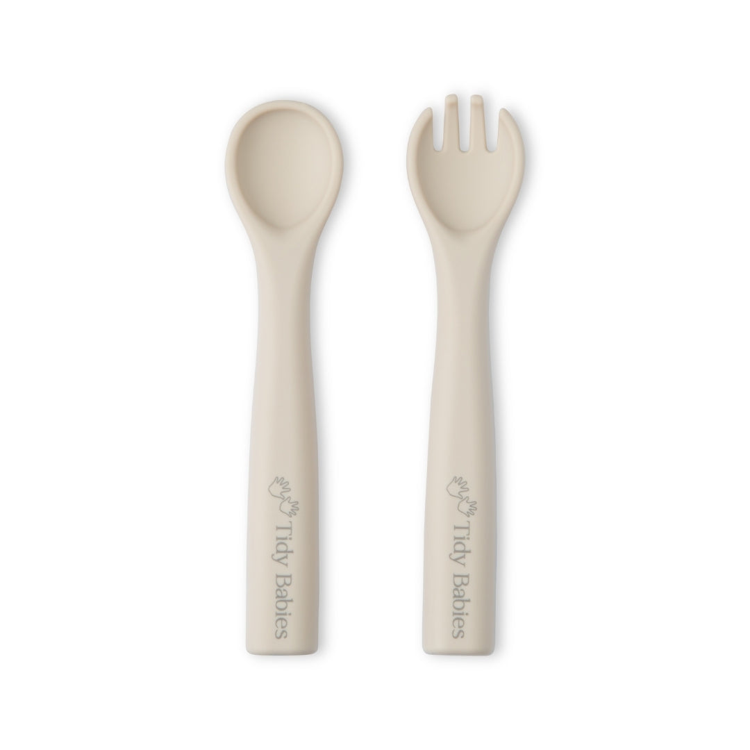 Silicone Baby Spoon & Fork Cutlery Set - Ivory Beige - Cutlery Silicone Baby Spoon & Fork Set – Soft Bpa-free Utensils for Self-feeding