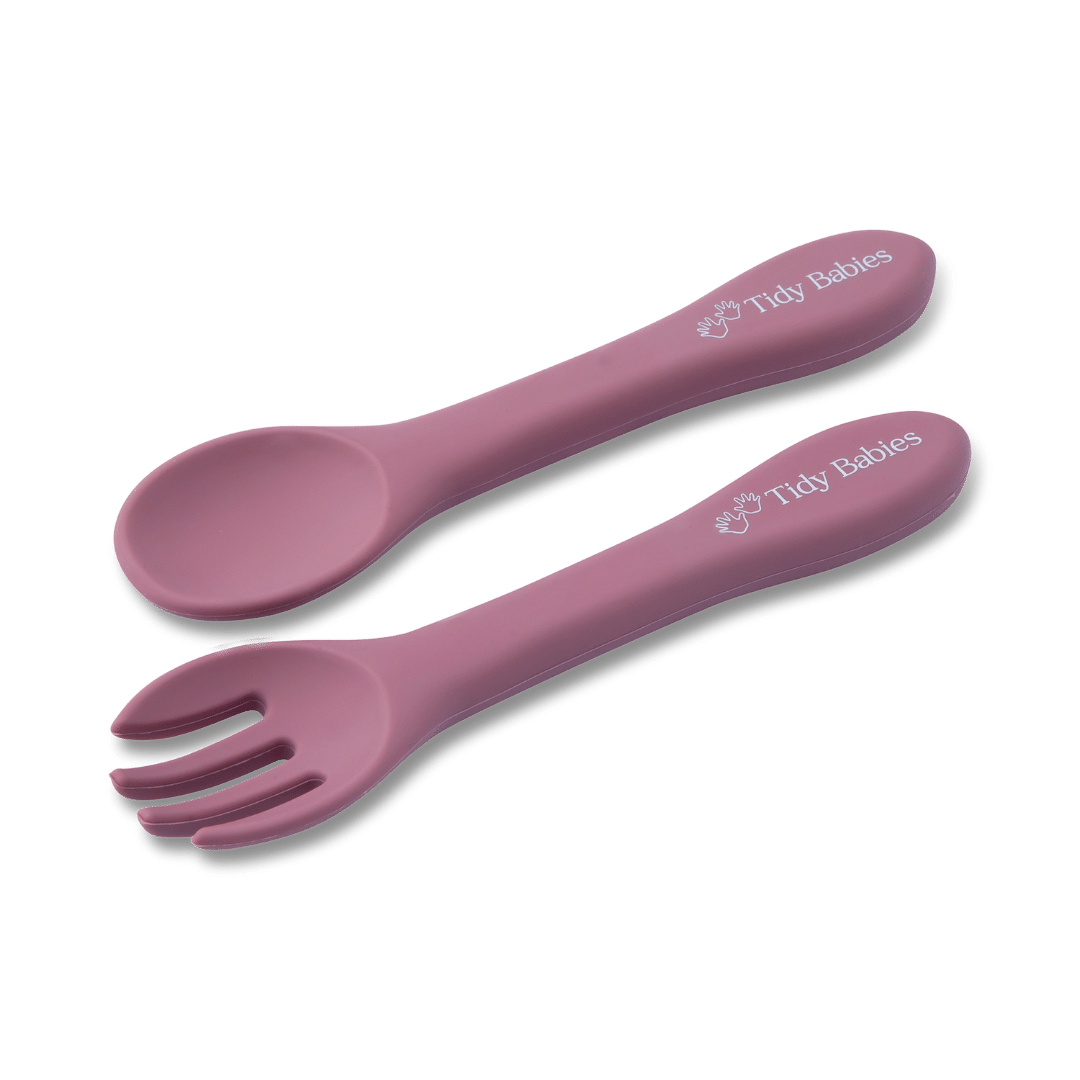 Silicone Baby Spoon & Fork Cutlery Set - Pair Of Perfect Blw Utensils - Rose - Cutlery