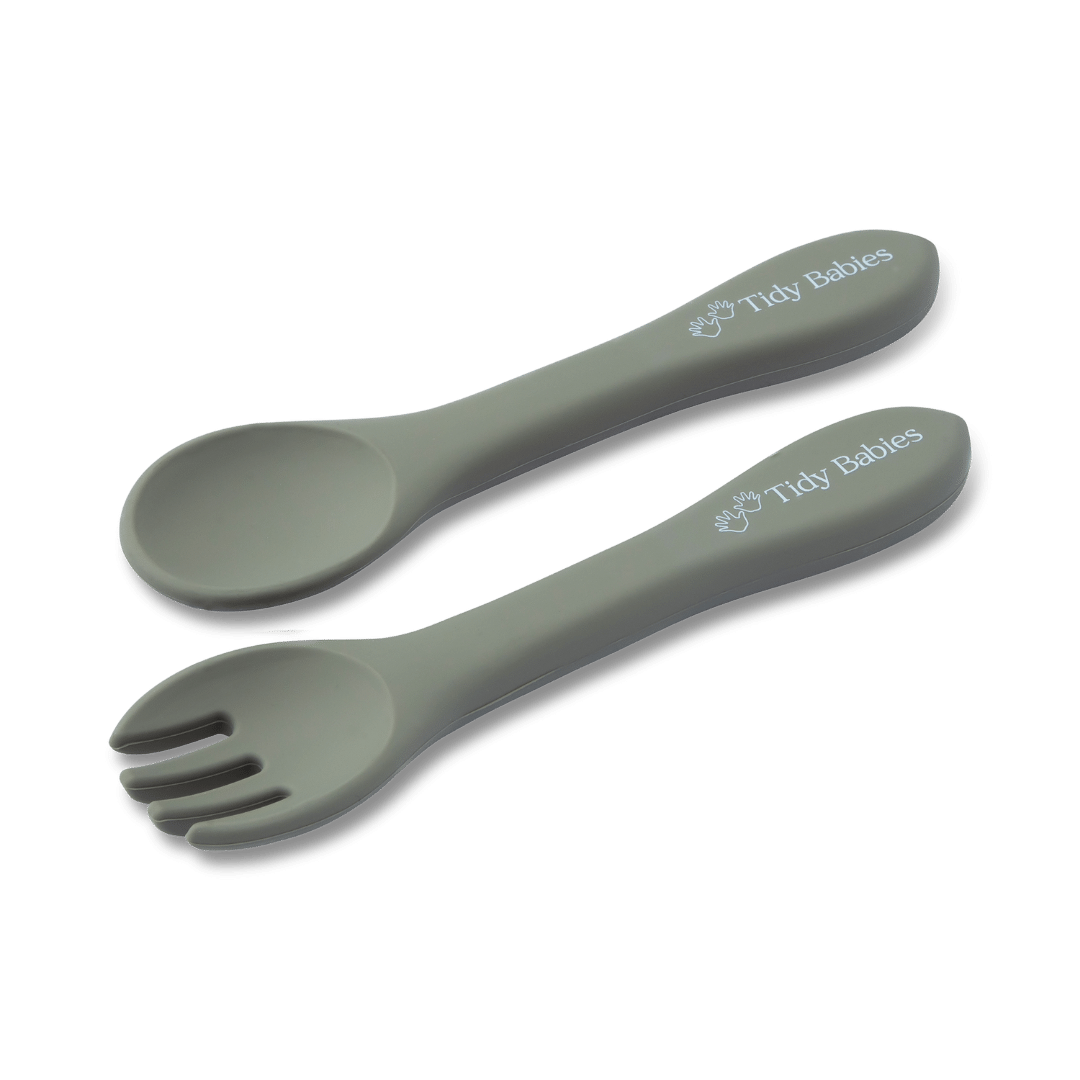 Silicone Baby Spoon & Fork Cutlery Set - Pair Of Perfect Blw Utensils - Sage - Cutlery