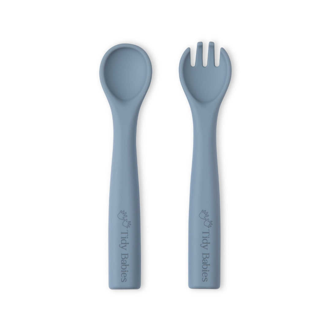 Silicone Baby Spoon & Fork Cutlery Set - Slate Grey - Cutlery Silicone Baby Spoon & Fork Set – Soft Bpa-free Utensils for Self-feeding