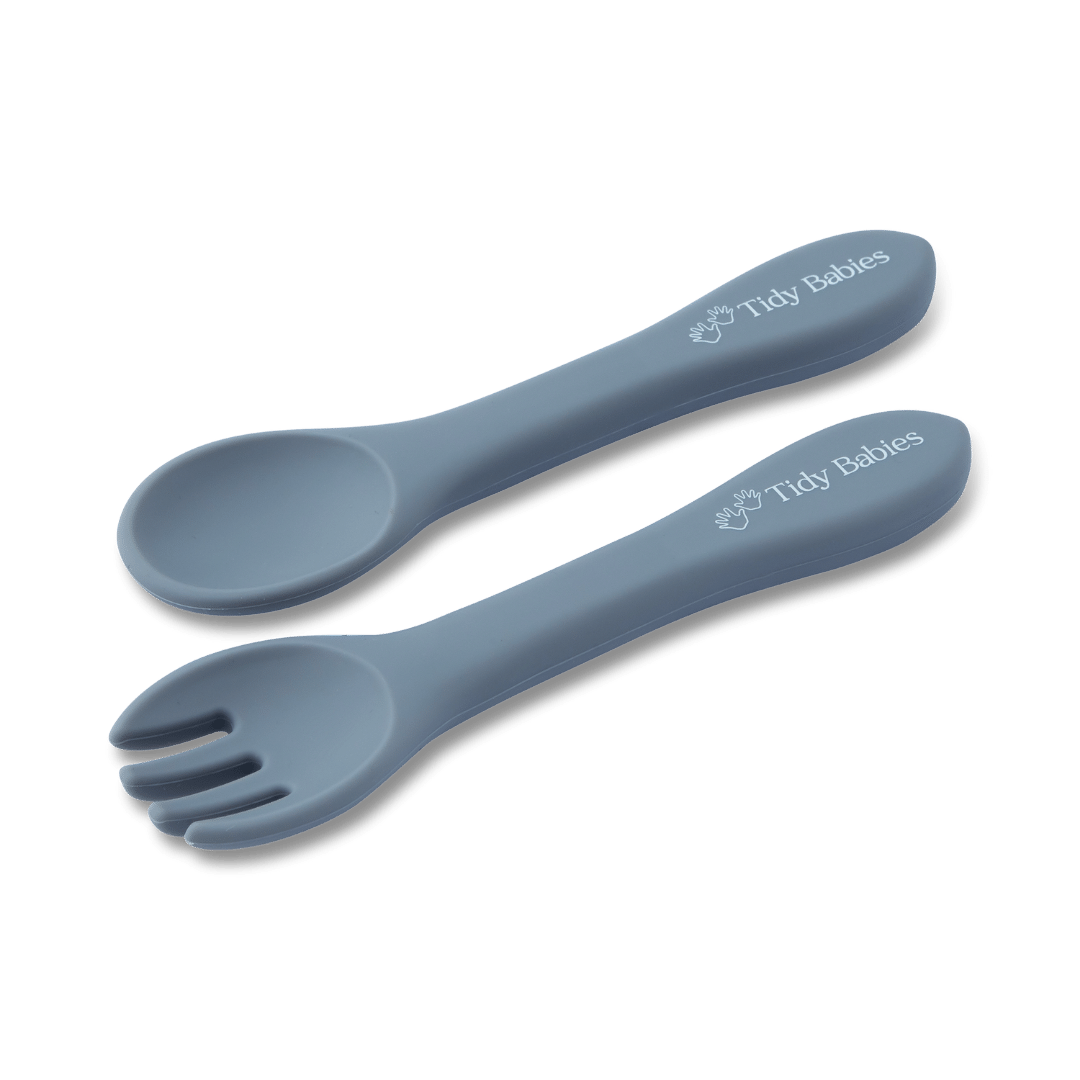 Silicone Baby Spoon & Fork Cutlery Set - Pair Of Perfect Blw Utensils - Slate - Cutlery