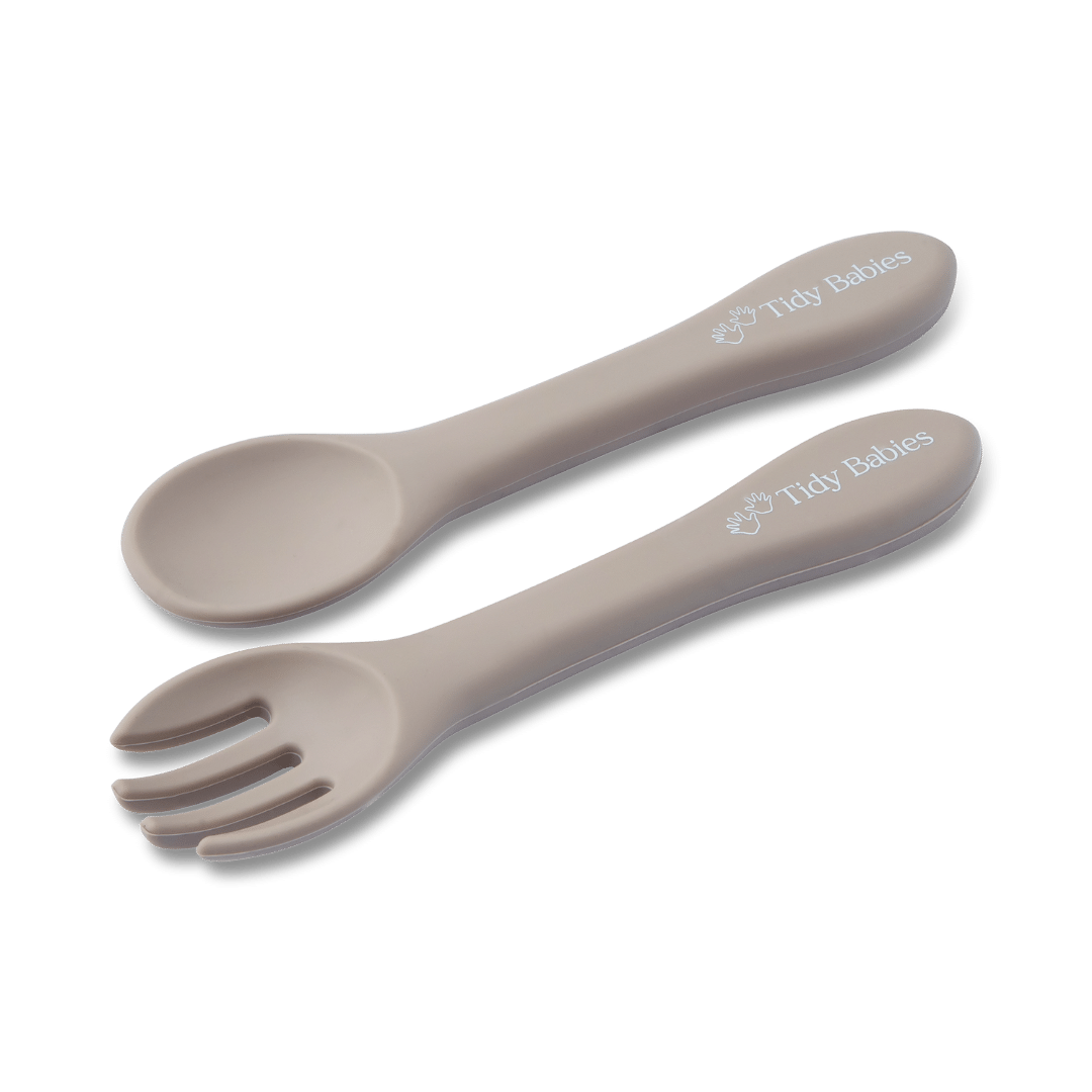 Silicone Baby Spoon & Fork Cutlery Set - Pair Of Perfect Blw Utensils - Taupe - Cutlery