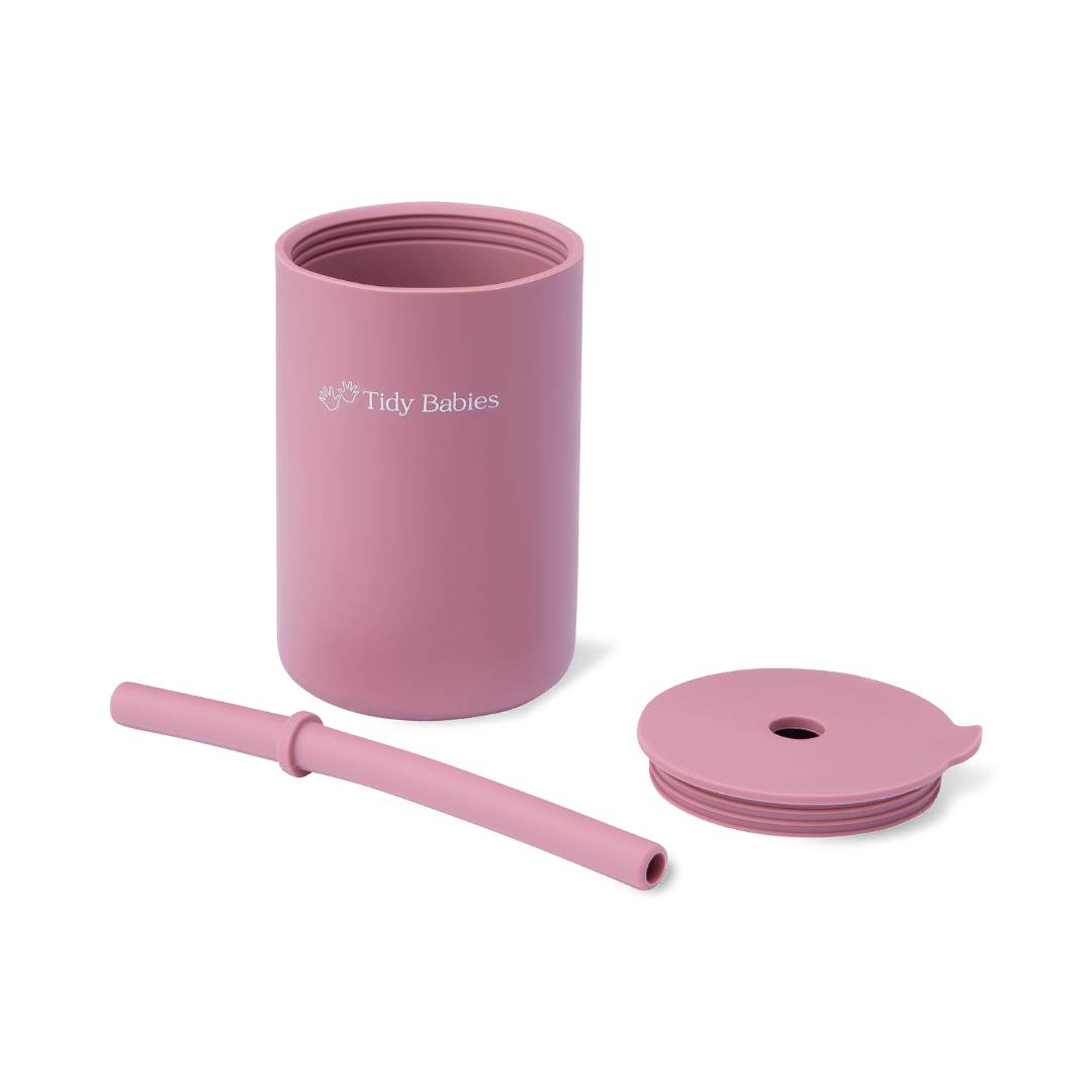 Silicone Baby Sippy Cup With Fitted Lid & Fixed & Flexible Straw - Rose - Silicone Drinking Cups