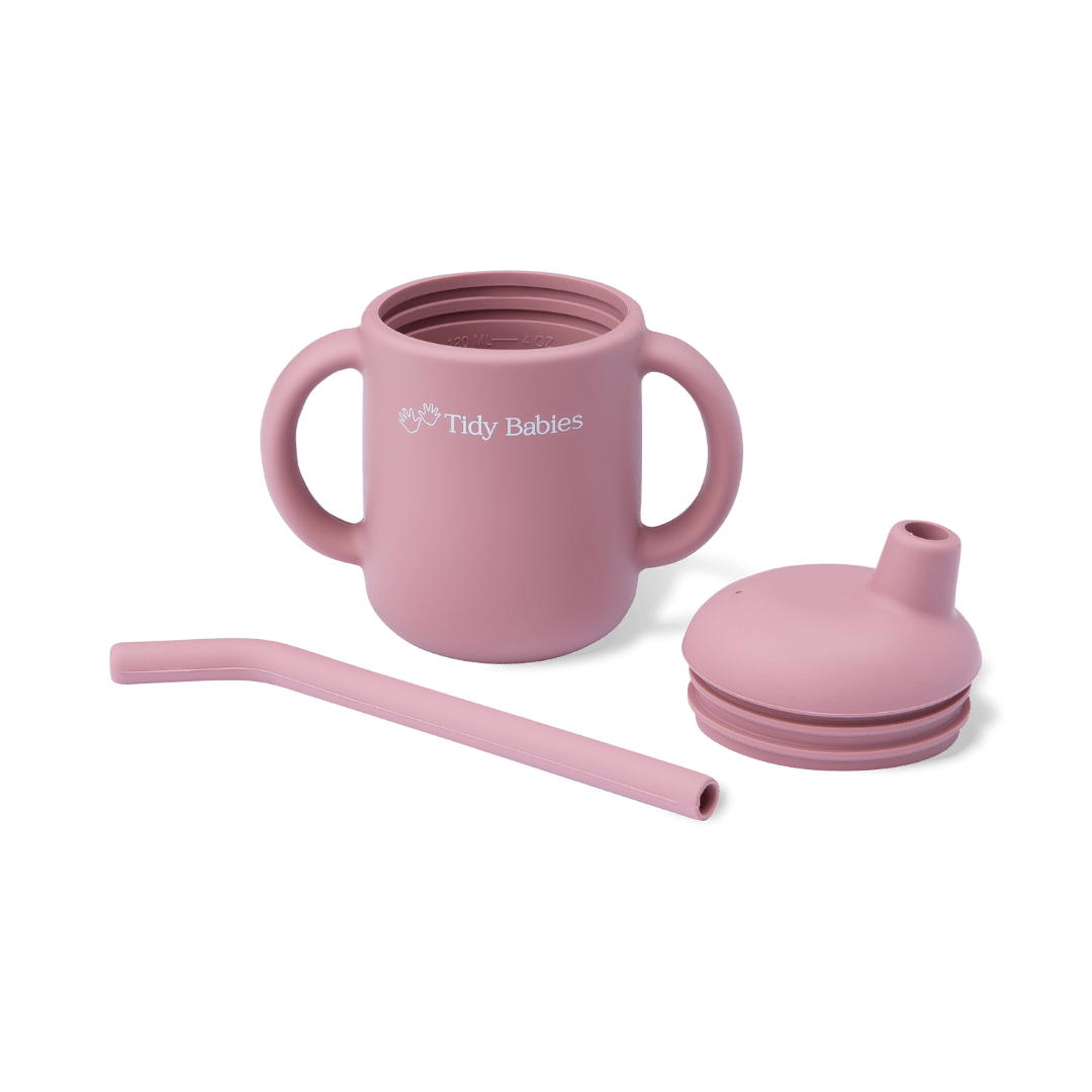 Silicone Baby Straw Sippy Drinking Cup With Handles & Fitted Lid - Rose - Silicone Drinking Cups