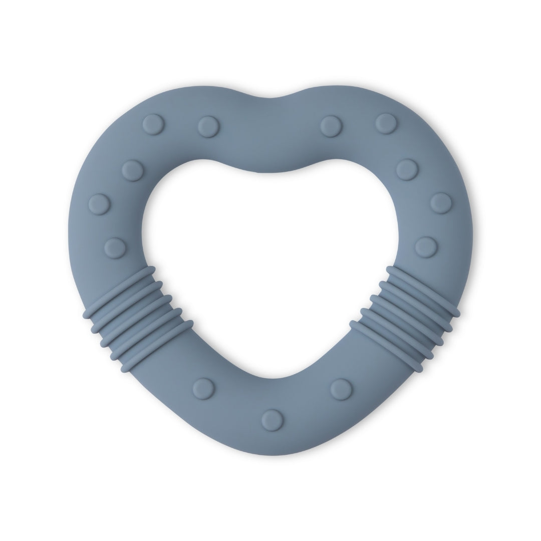 Blue silicone baby teether in heart shape, perfect silicone baby teether for soothing babies