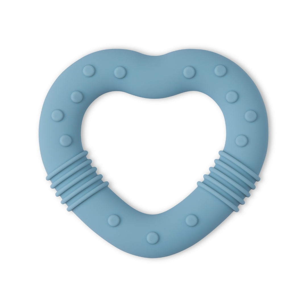 Blue heart-shaped silicone baby teether with textured bumps and ridges for soothing comfort