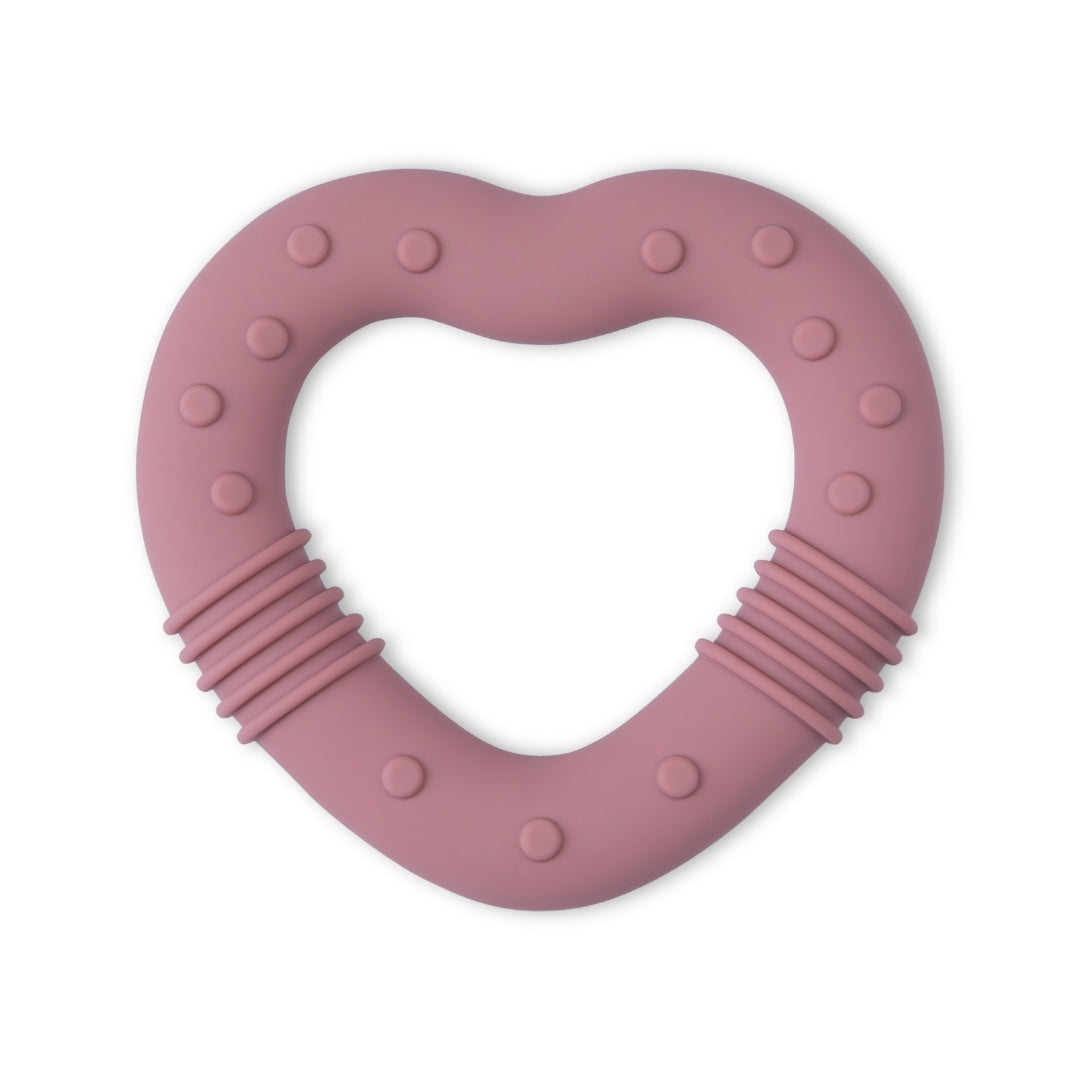 Mauve silicone baby teether in heart shape ideal for soothing and developing babies