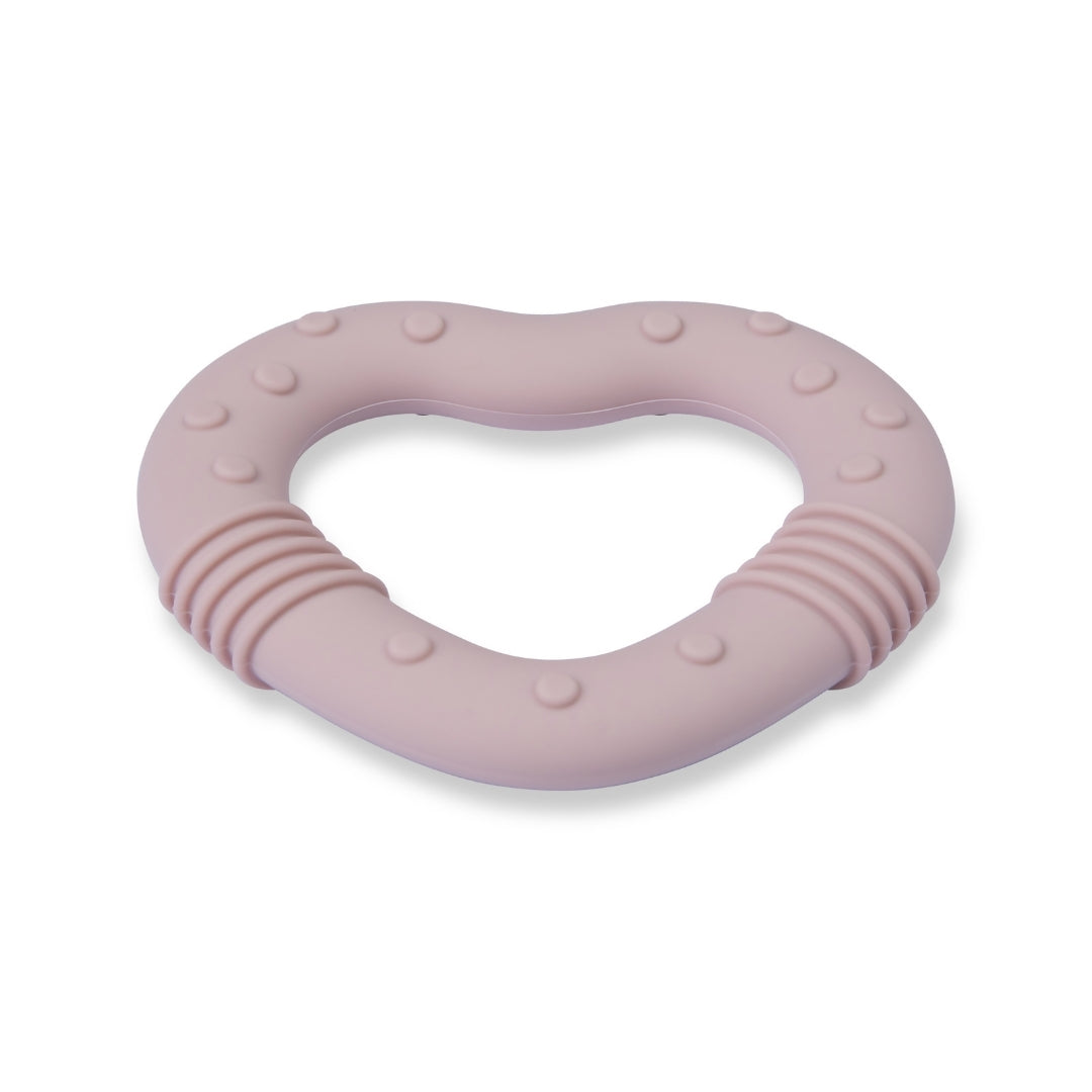 Heart-shaped pink silicone baby teether for soothing and teething comfort