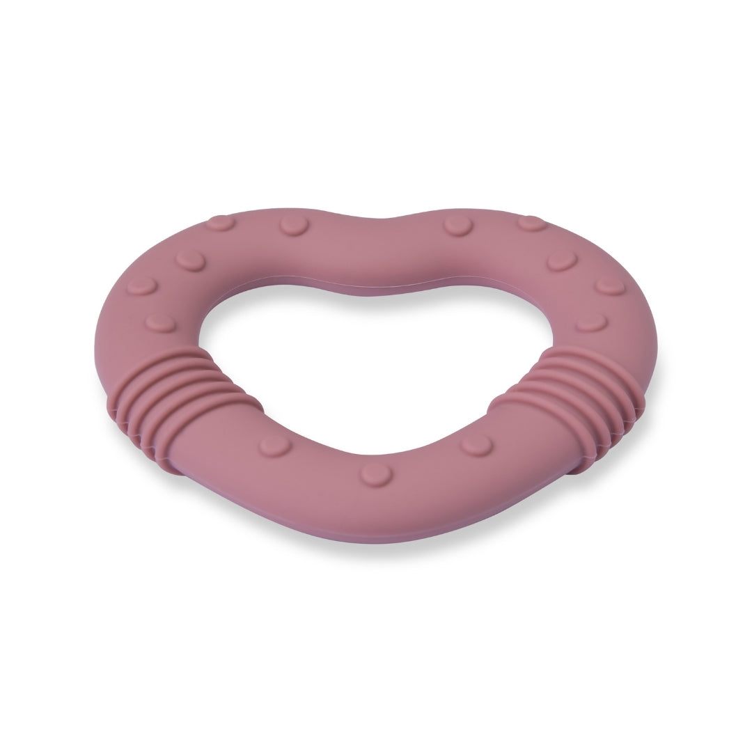 Pink heart-shaped silicone baby teether perfect for soothing and teething relief