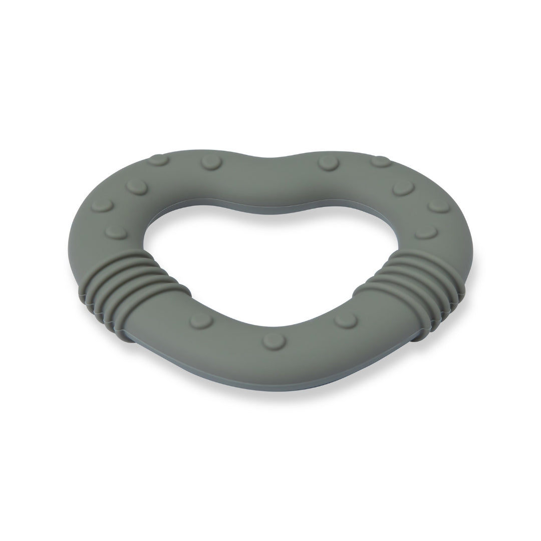 Gray silicone baby teether in heart shape with textured bumps and ridges for soothing