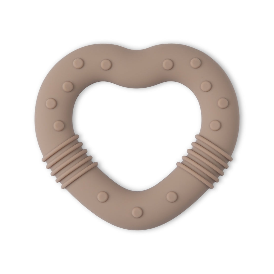 Heart-shaped silicone baby teether with textured bumps for soothing gums