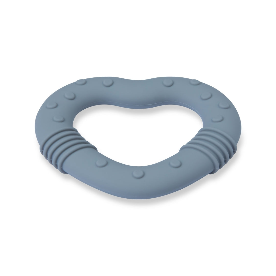 Blue silicone baby teether in a love heart shape for soothing your baby