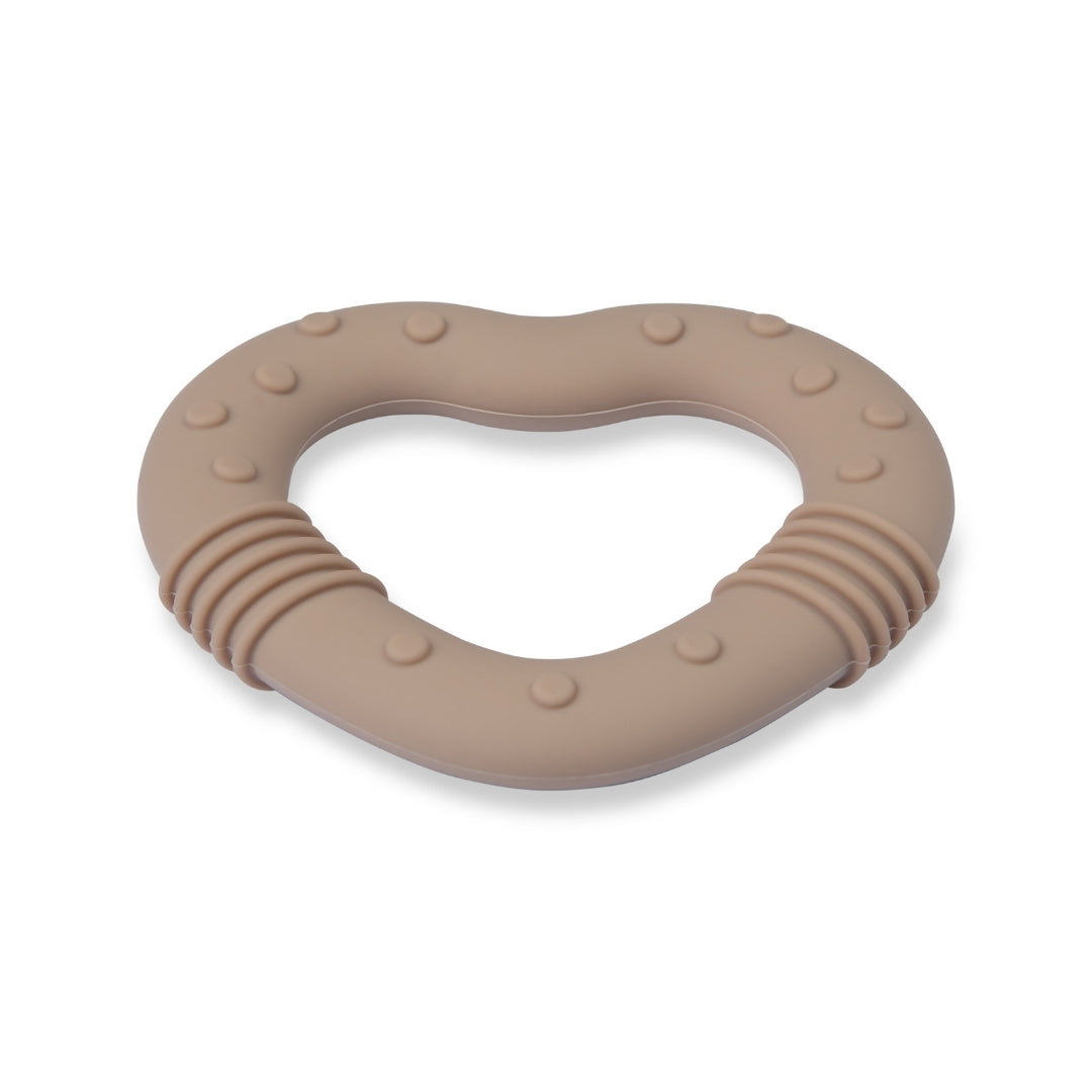 Heart-shaped textured tan silicone baby teether for soothing and teething relief