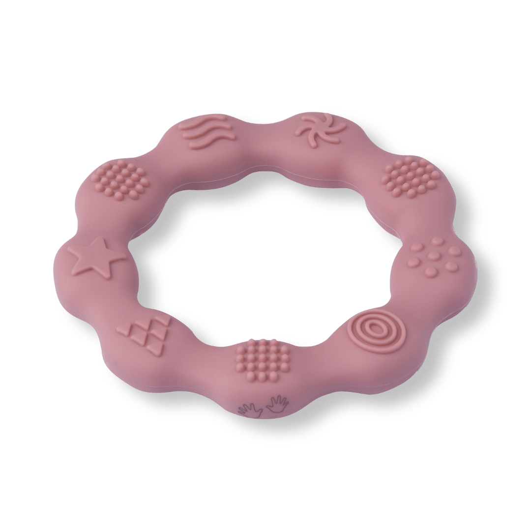 Silicone Baby Teether Sensory Ring - Soothing Round Teething Chew Toy - Rose - Silicone Teether