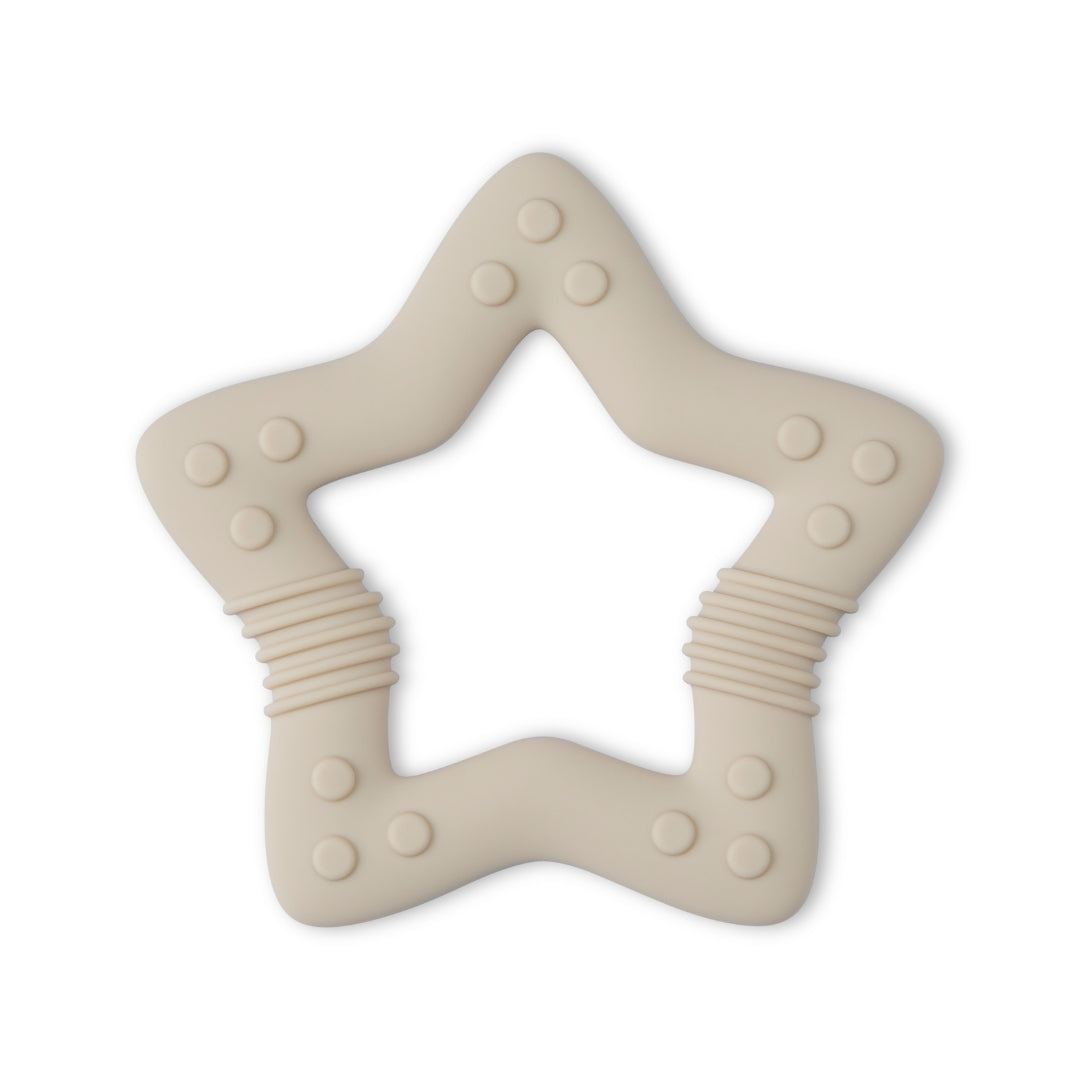 Beige silicone baby teether star shape with textured bumps and ridges for soothing comfort