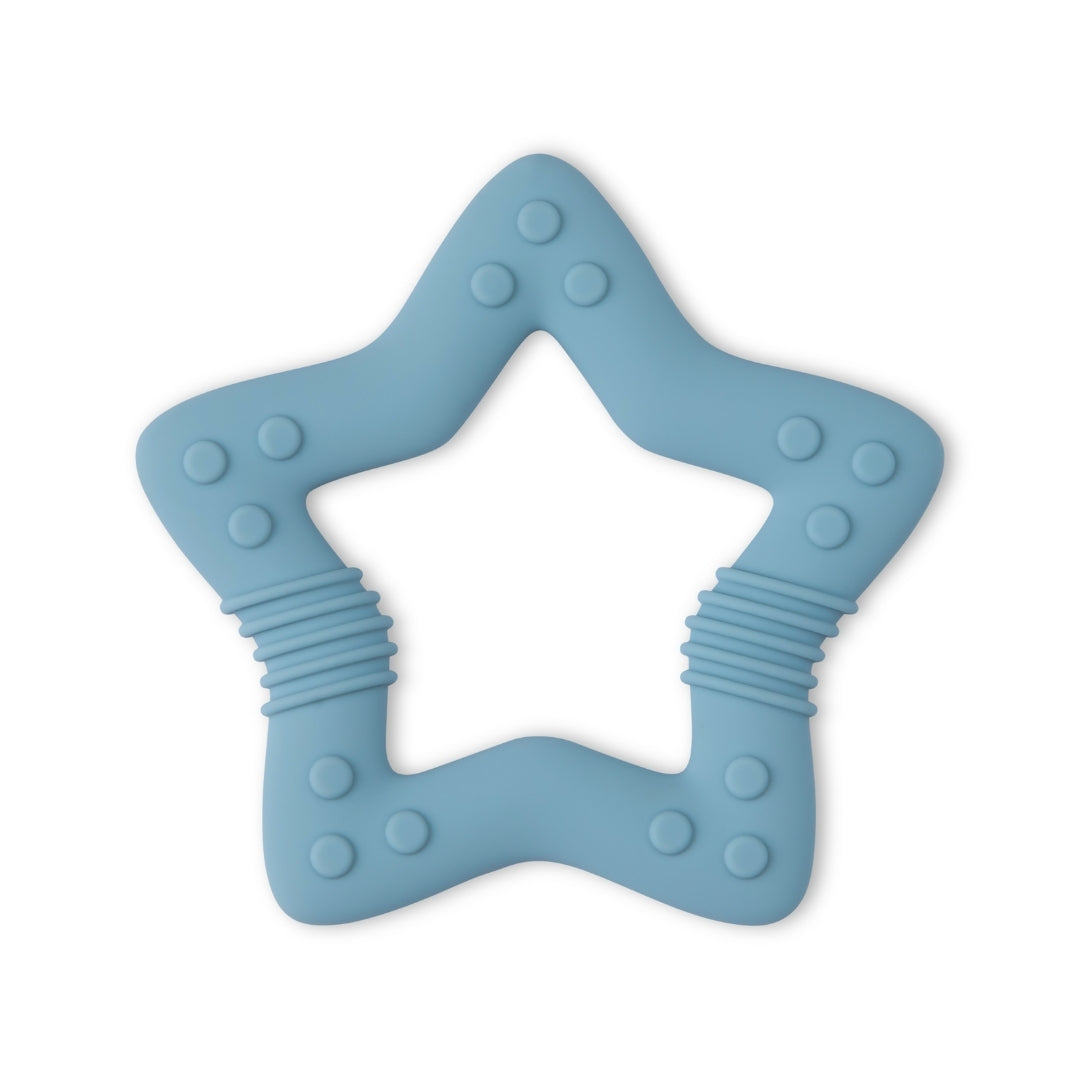Blue star-shaped silicone baby teether with textured surface for soothing gums