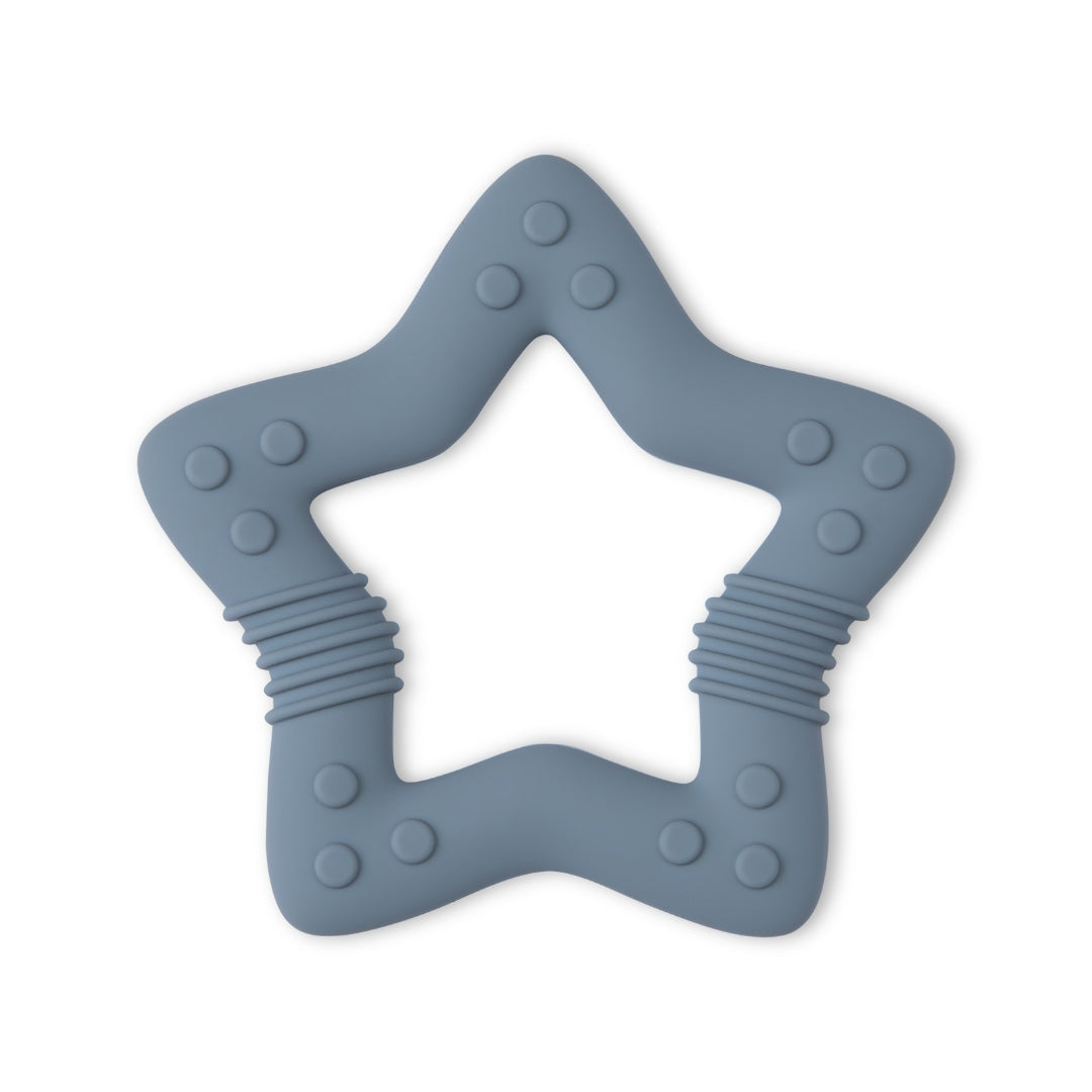 Blue star-shaped silicone baby teether with textured surfaces for soothing gums