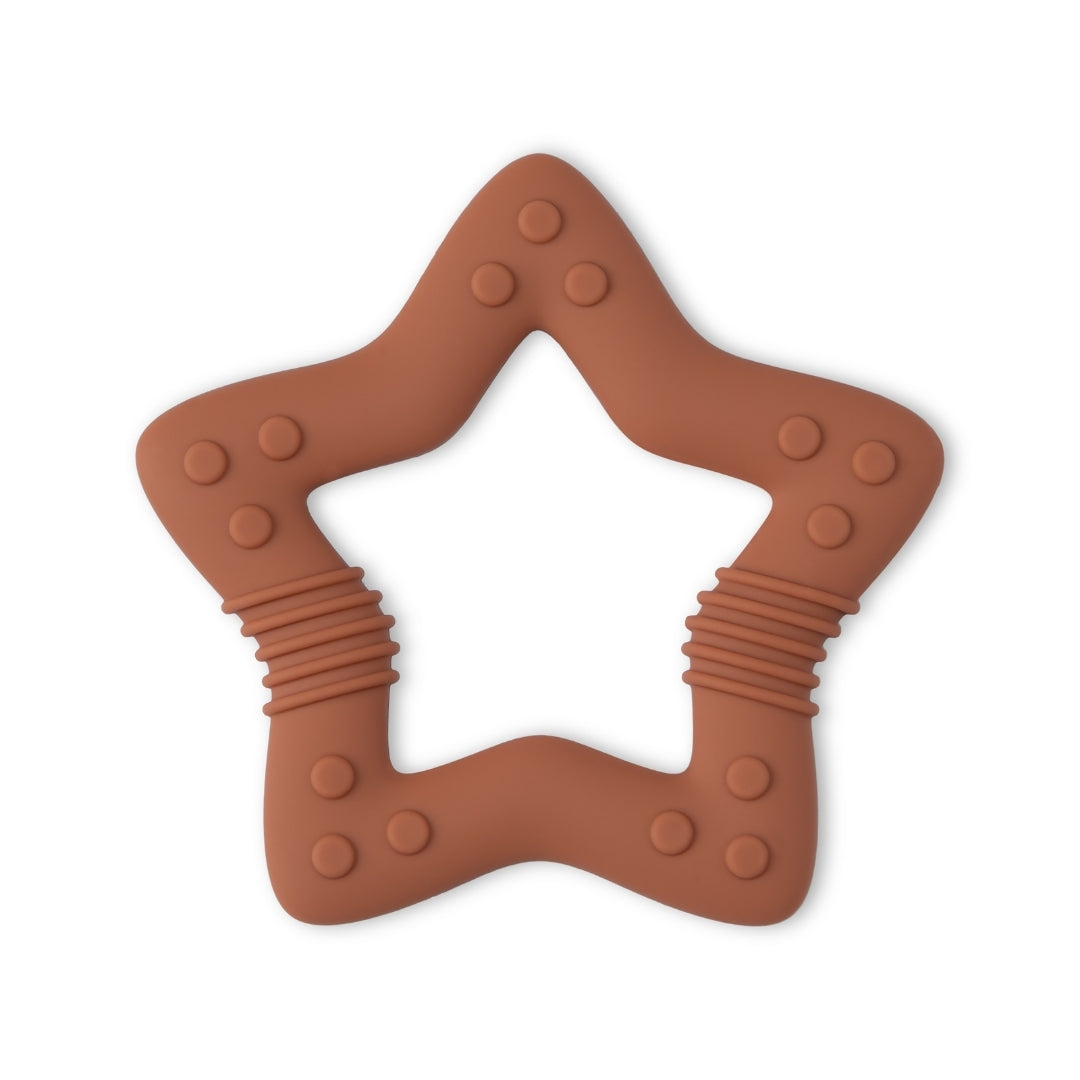 Brown star-shaped silicone baby teether with textured bumps for soothing comfort