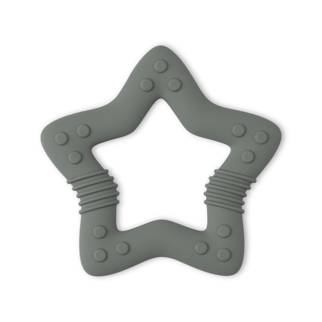 Gray star-shaped silicone baby teether with textured surfaces for soothing gums