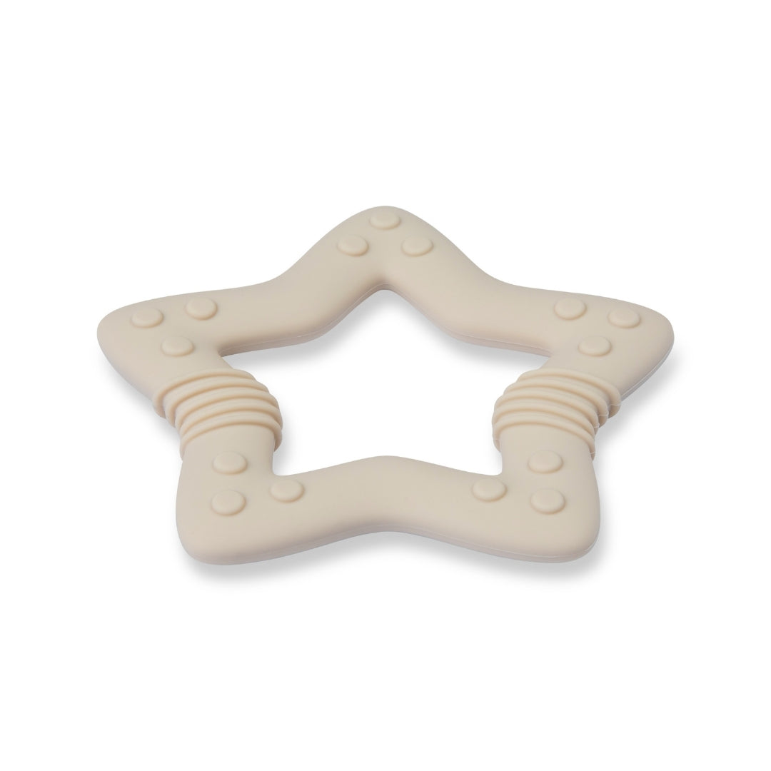 Beige star-shaped silicone baby teether for safe and soothing oral comfort