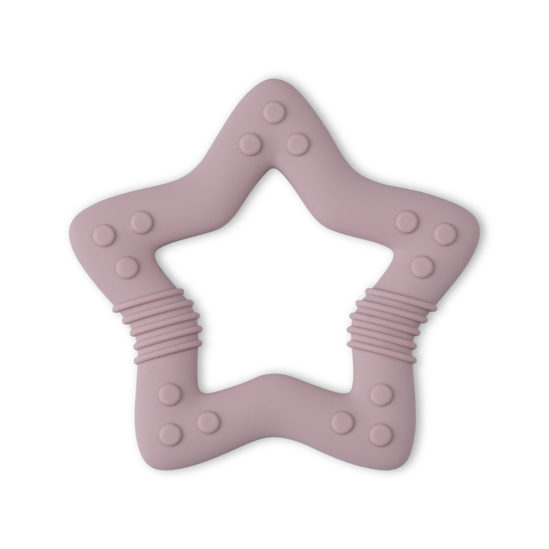 Mauve star-shaped silicone baby teether with textured bumps for soothing gums