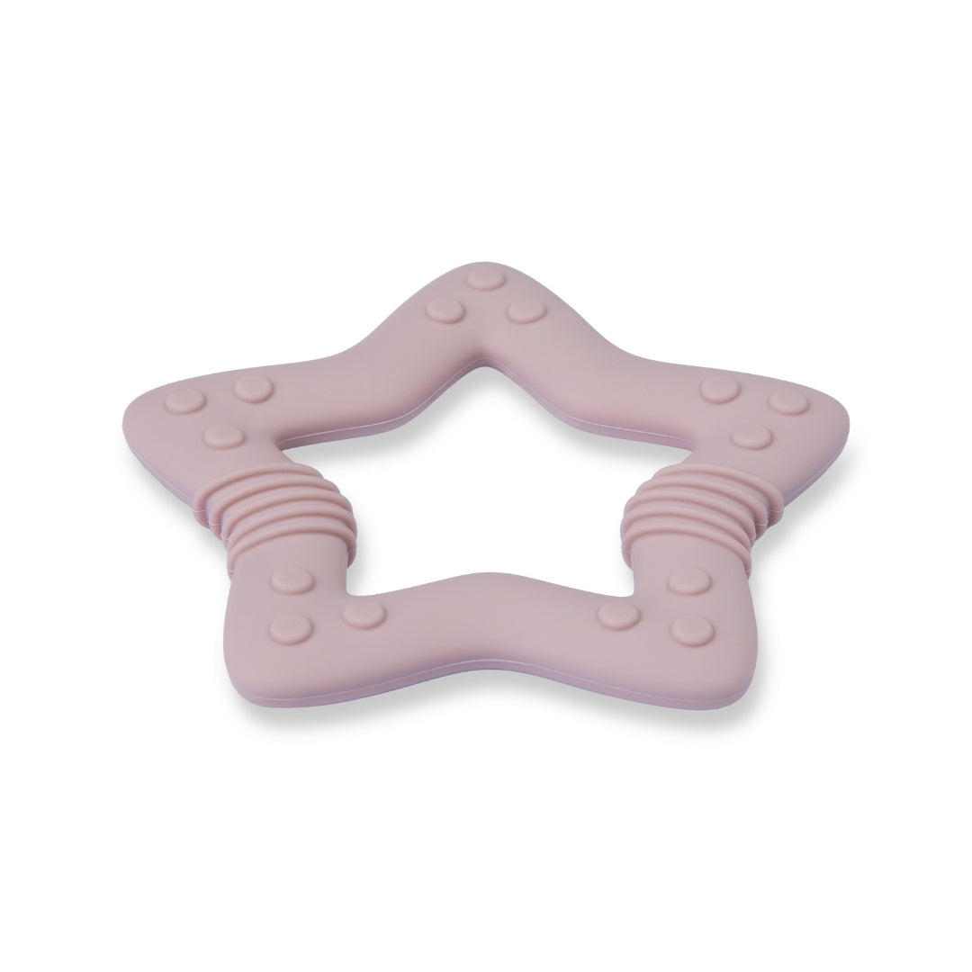 Mauve star-shaped silicone baby teether with textured bumps and ridges for babies