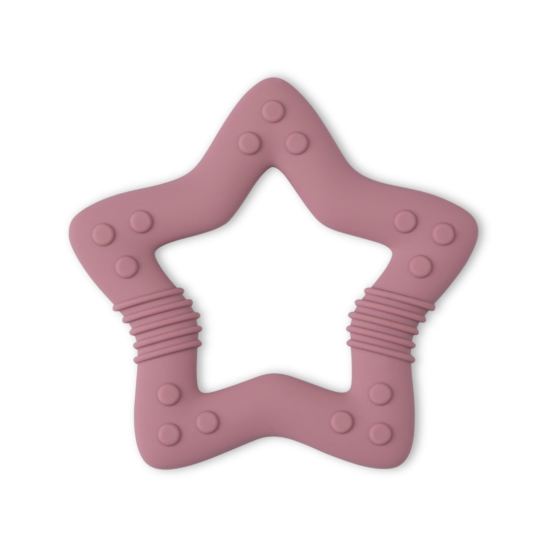 Pink star-shaped silicone baby teether with textured bumps and ridges for baby teething