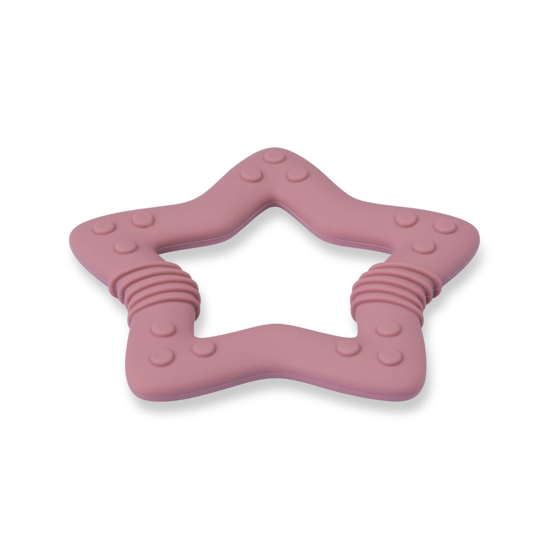 Pink star-shaped silicone baby teether with textured surface for soothing comfort
