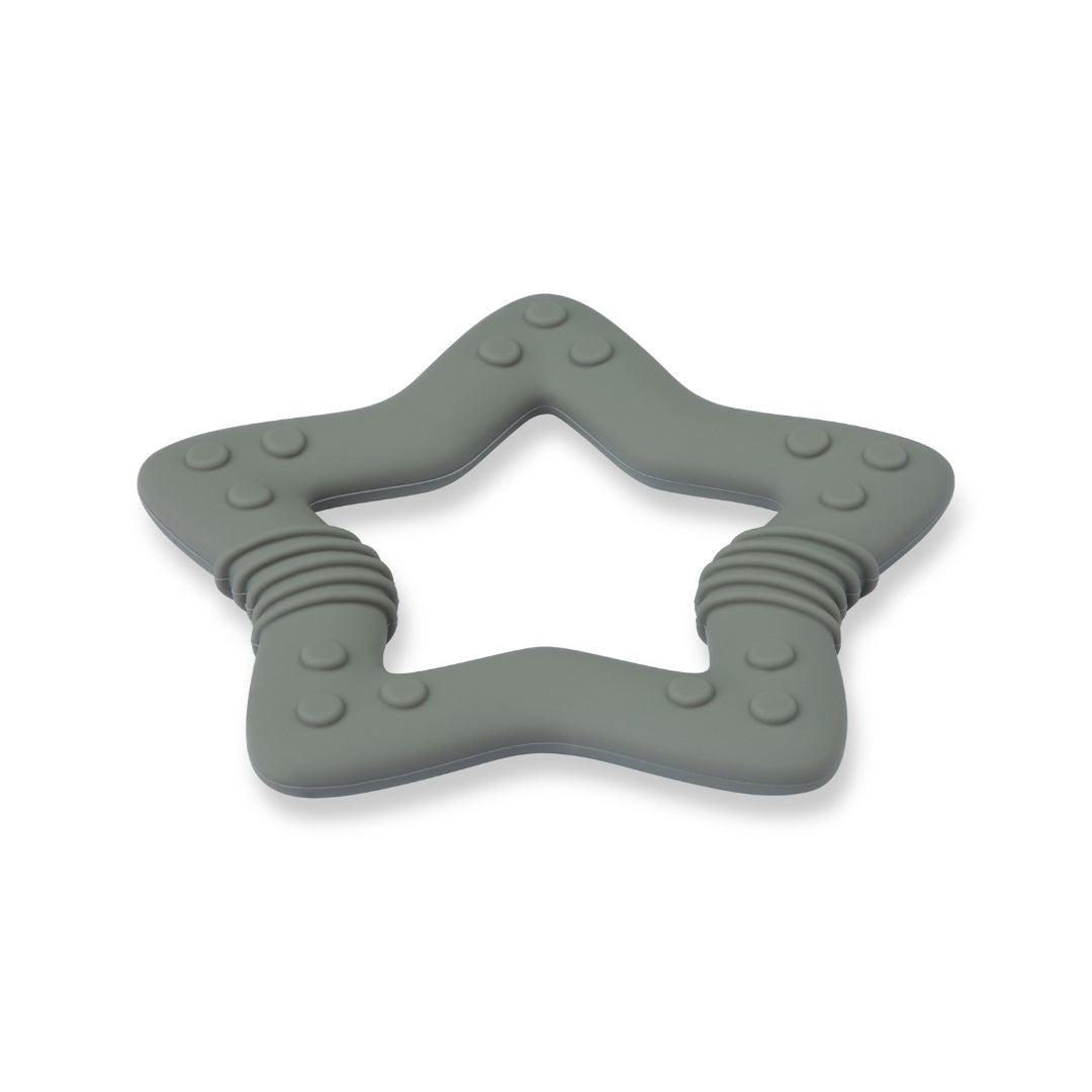 Gray star-shaped silicone baby teether with textured bumps and ridges for soothing gums