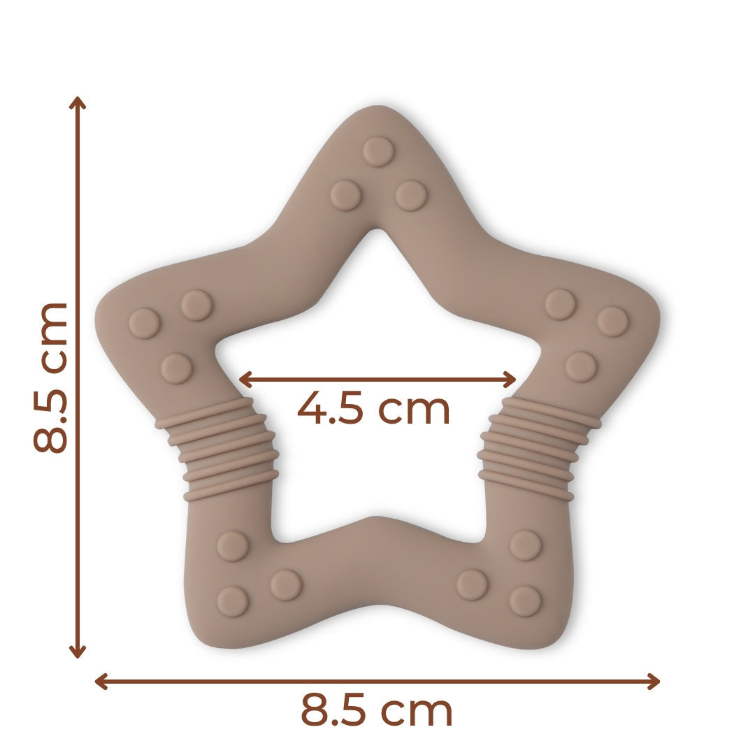 Star-shaped beige silicone baby teether with textured surfaces for soothing gums