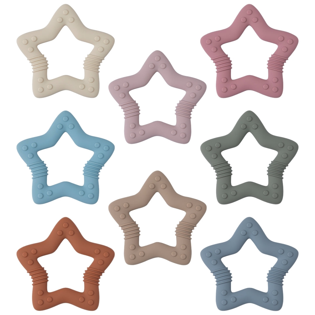 Colorful star-shaped silicone baby teether for soothing and chewing comfort